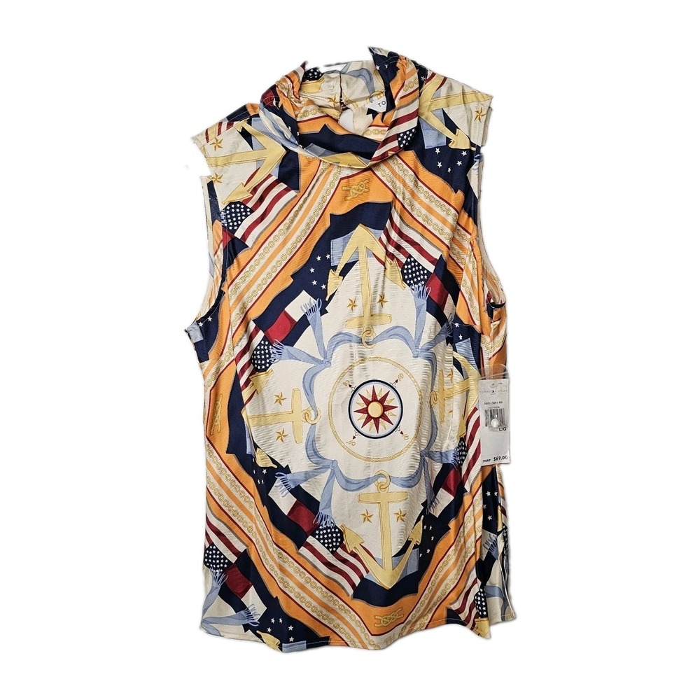 Tommy Hilfiger Silk Blouse Top L Mock Neck Nautical Scarf Print Flag Anchor NWT